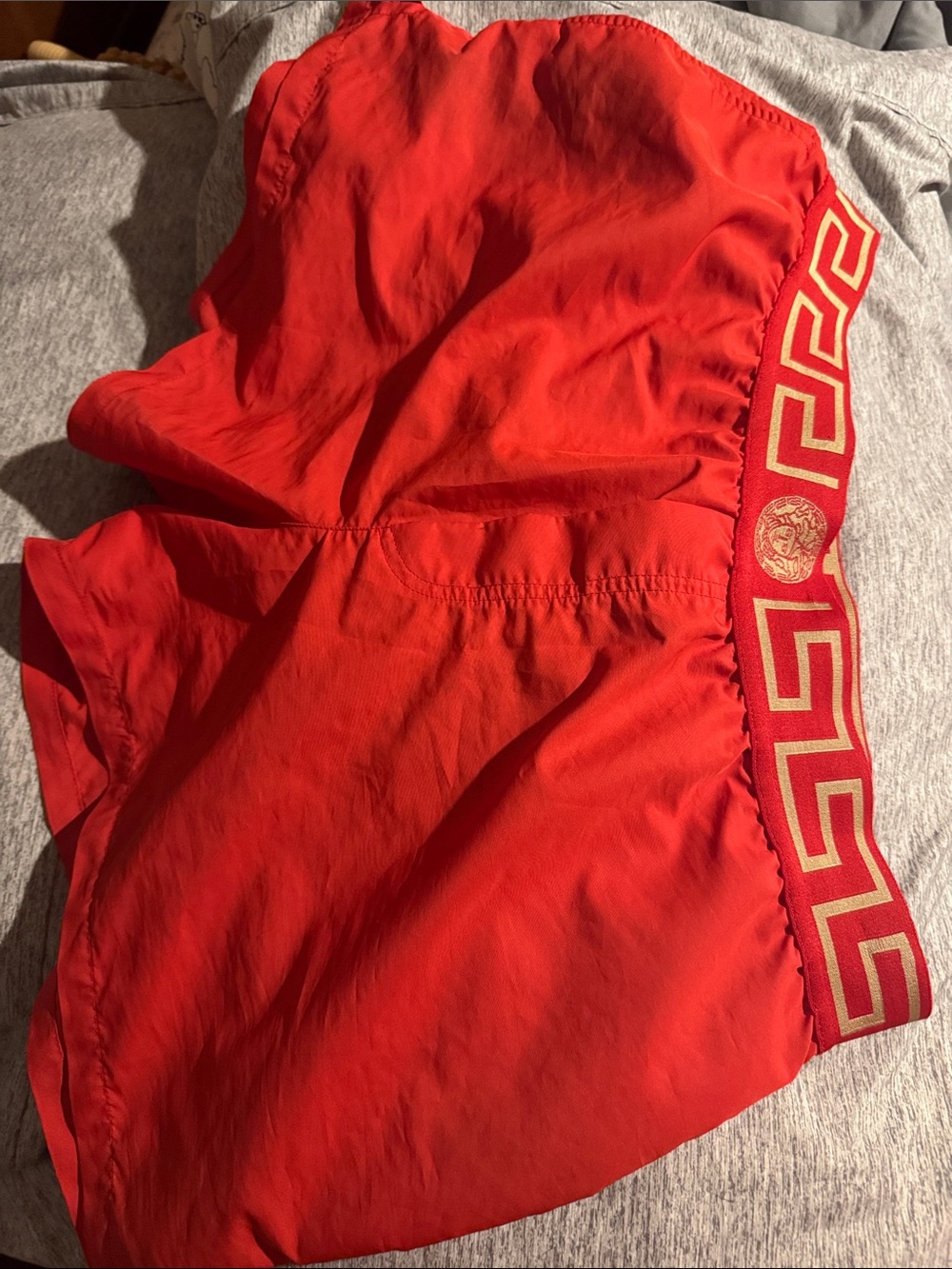 Versace Red swim trucks Shorts with Gold Greek Key Waistband